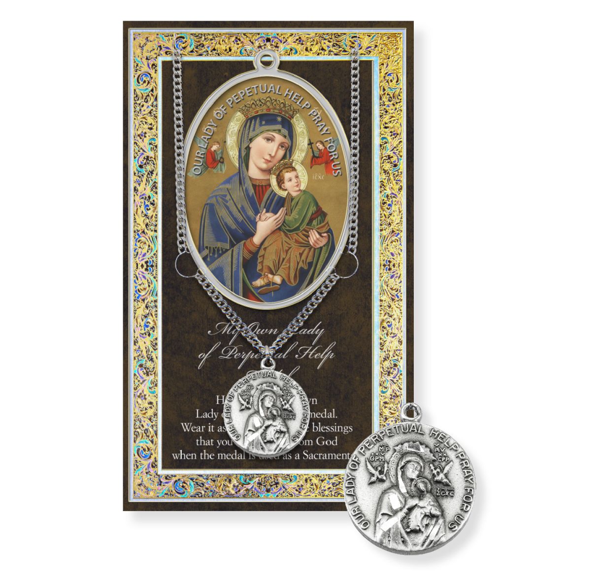 Our Lady of Perpetual Genuine Pewter Medal on a 18" Chain with Biography and Picture Folder