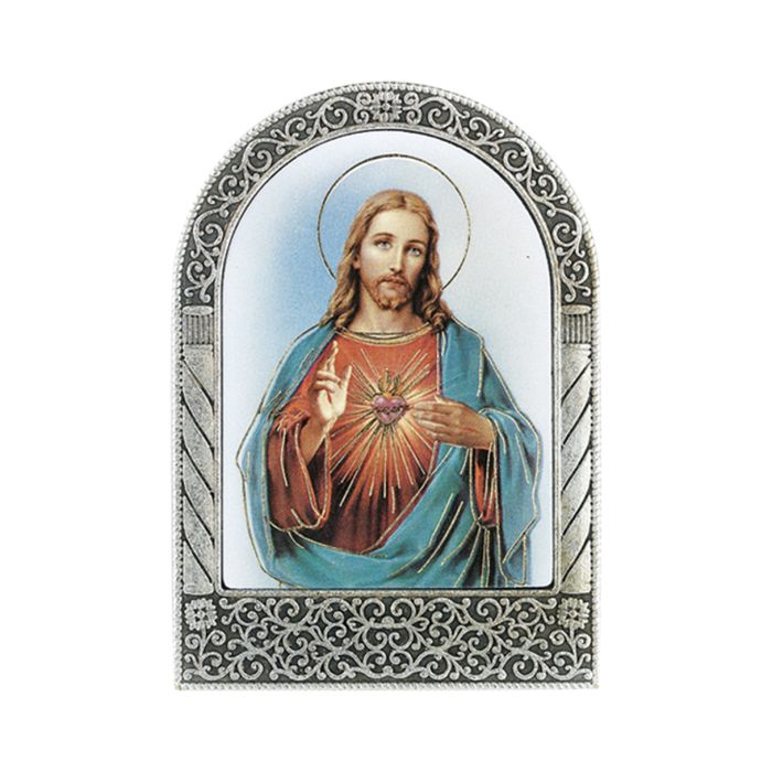 Antique Silver Metal Arched Easel : Sacred Heart of Jesus