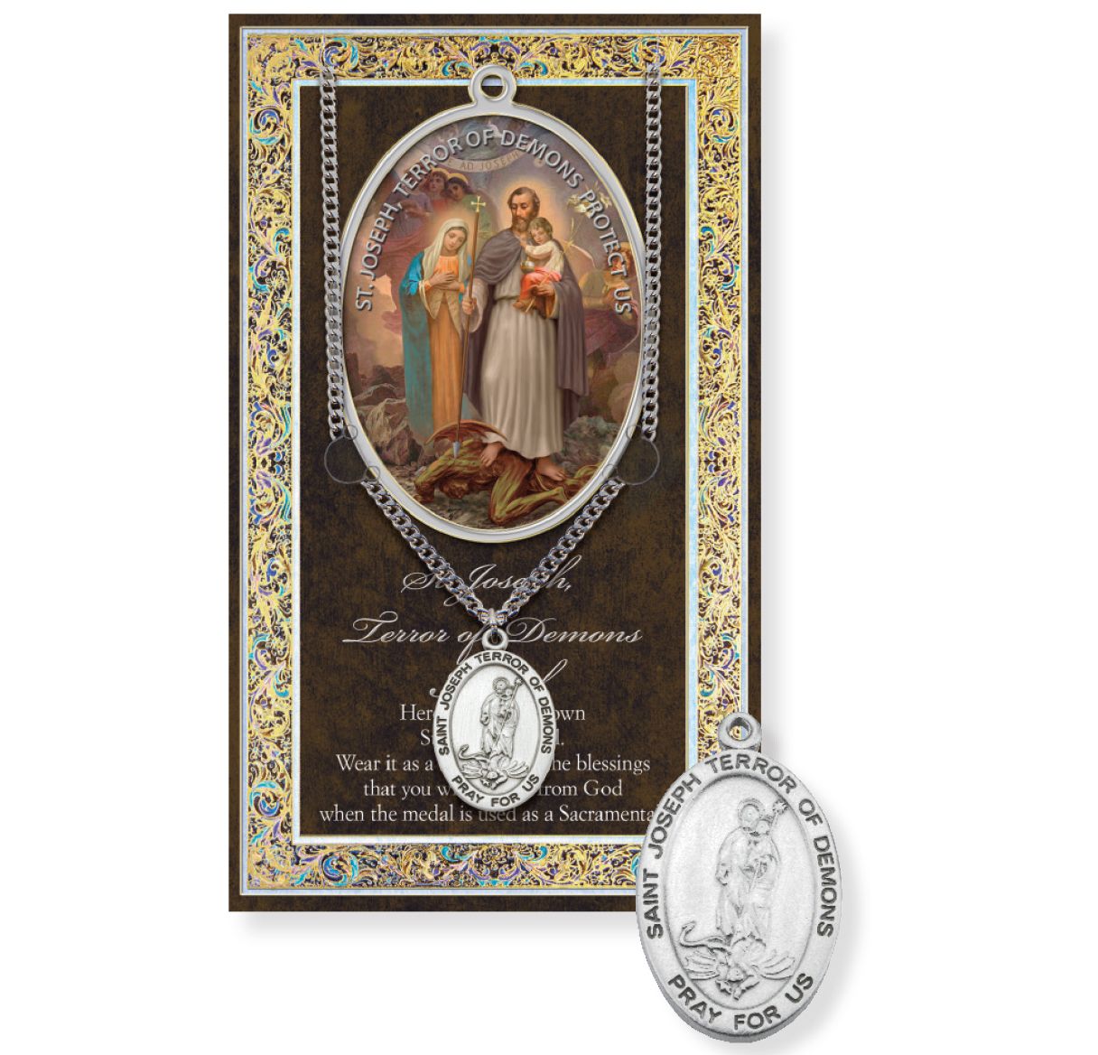 Saint Joseph "Terror of Demons" Genuine Pewter Medal on a 24" Chain with Biography and Picture Folder