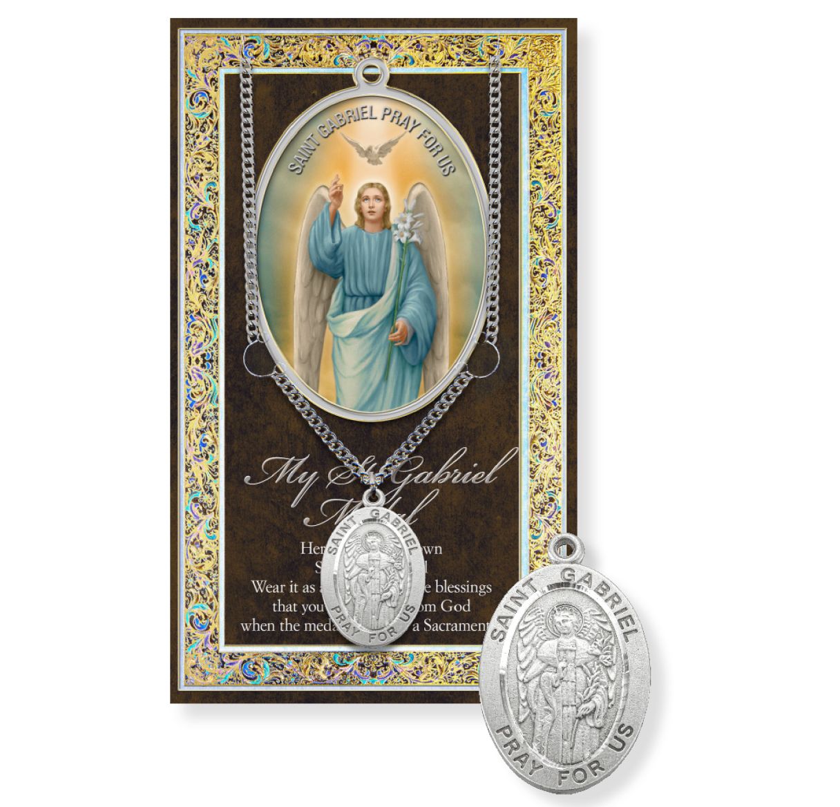 Saint Gabriel Genuine Pewter Medal on a 24" Chain with Biography and Picture Folder