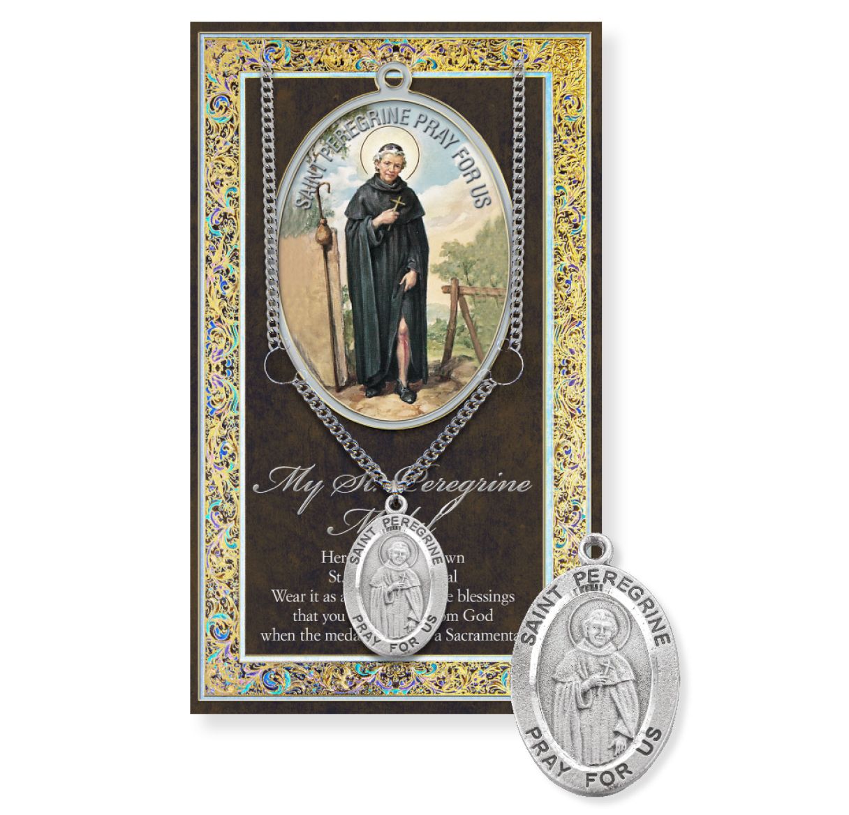 Saint Peregrine Genuine Pewter Medal on a 24" Chain with Biography and Picture Folder