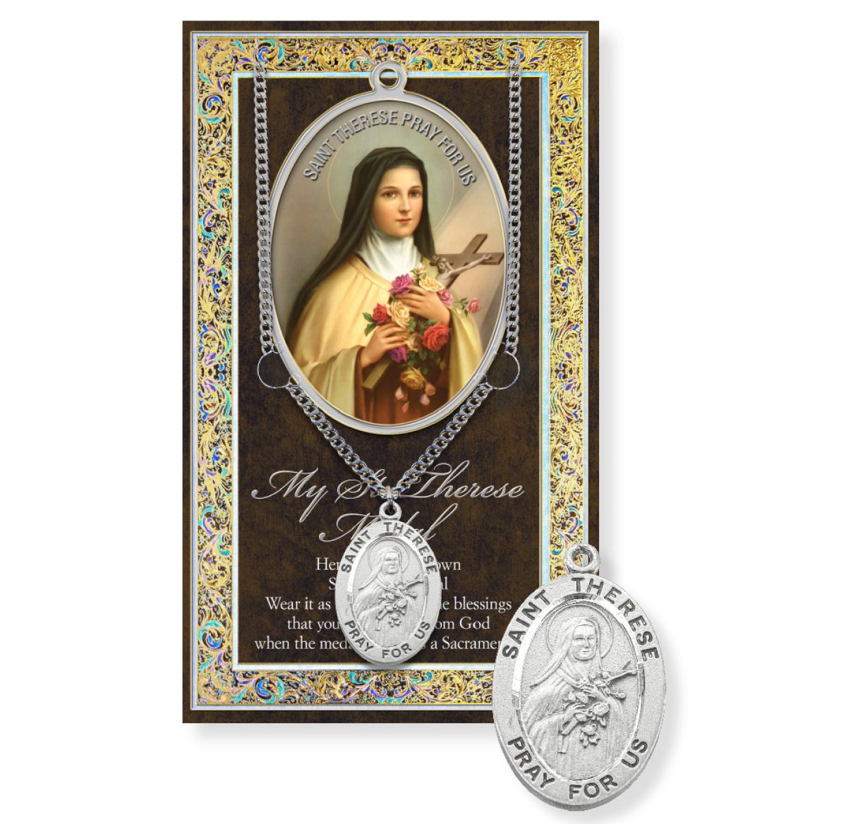 Saint Therese Genuine Pewter Medal on a 18" Chain with Biography and Picture Folder