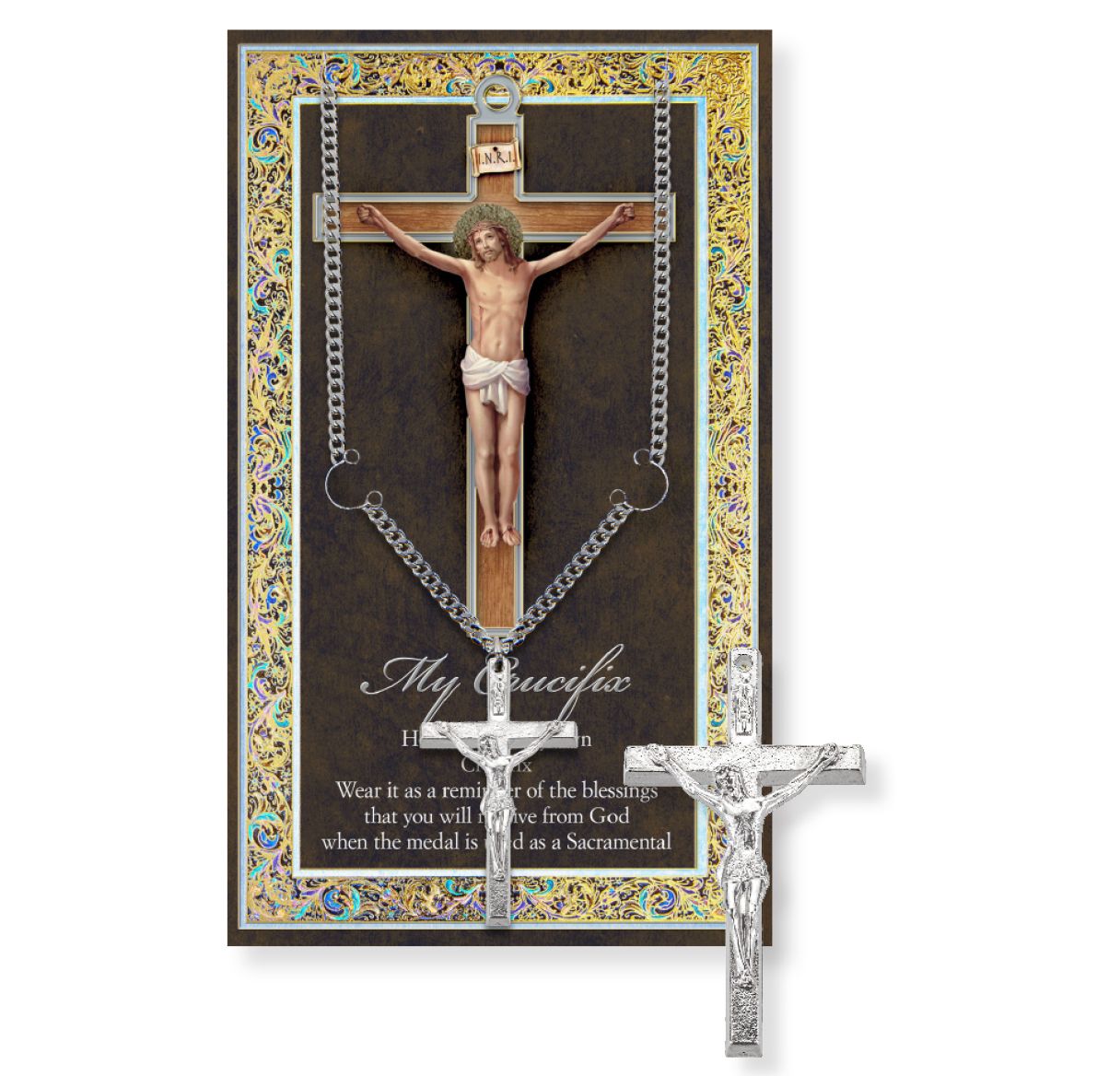 My Crucifix Genuine Pewter Medal on a 24" Chain with Biography and Picture Folder