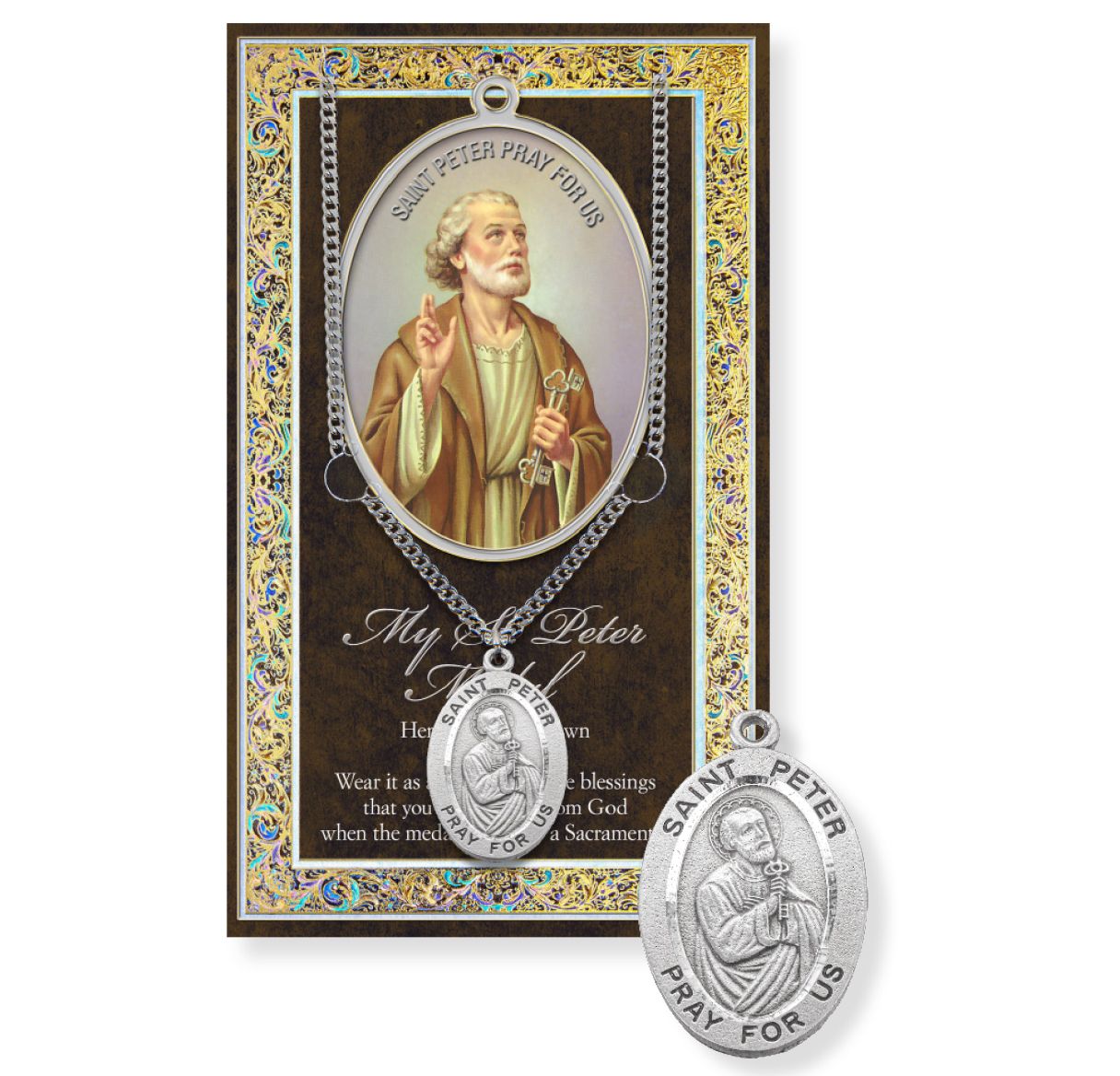 Saint Peter Genuine Pewter Medal on a 24" Chain with Biography and Picture Folder