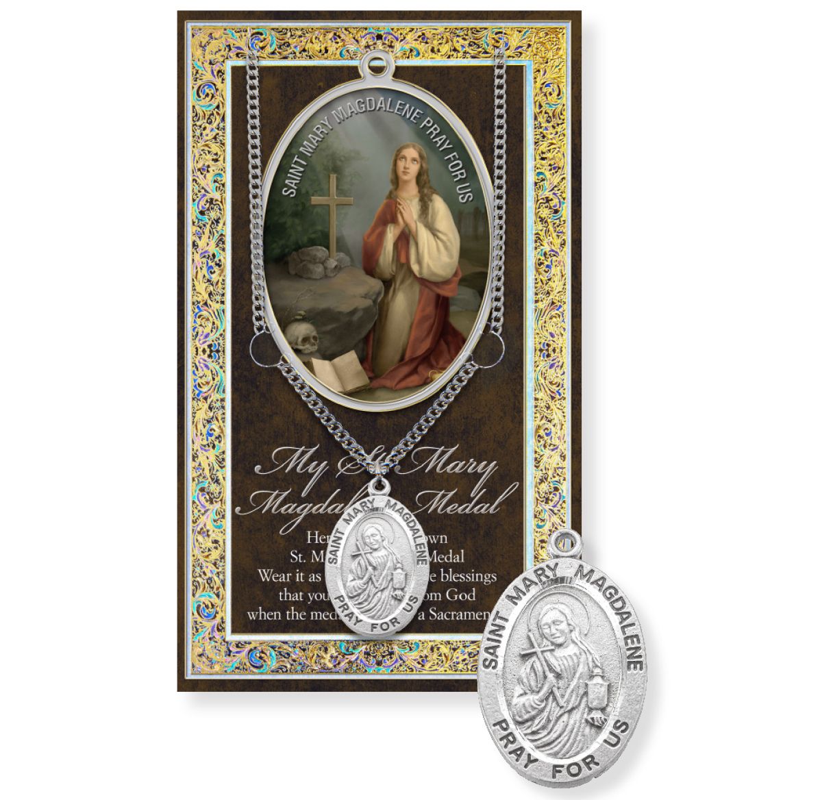 Saint Mary Magdalene Genuine Pewter Medal on a 18" Chain with Biography and Picture Folder