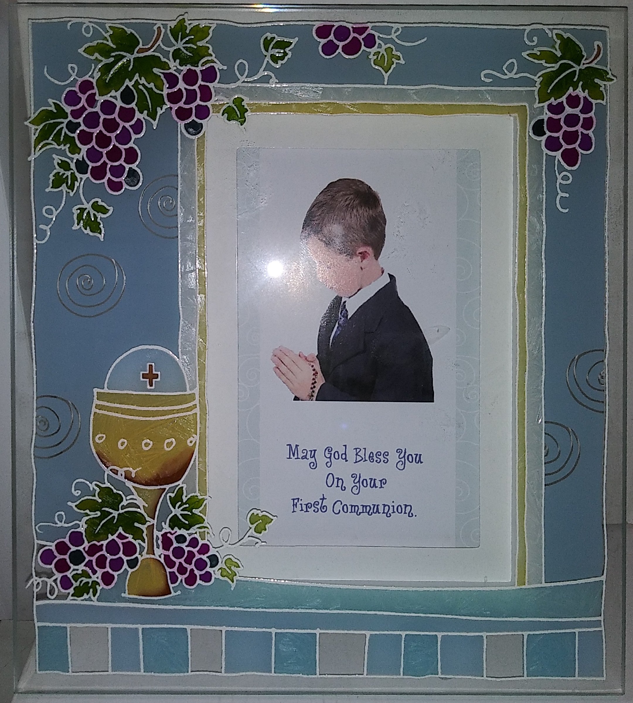 FIRST COMMUNION PHOTO FRAME GRAPES OF THE VINE BLUE