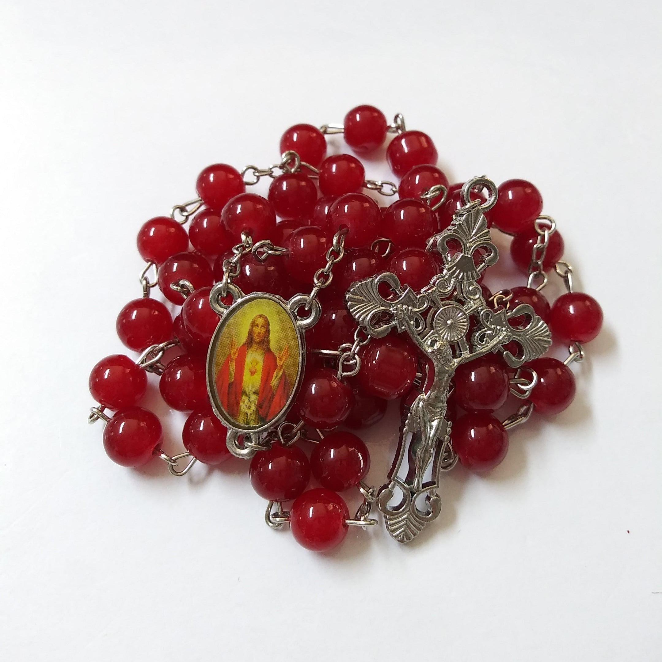 Sacred Heart Red Glass Bead Rosary