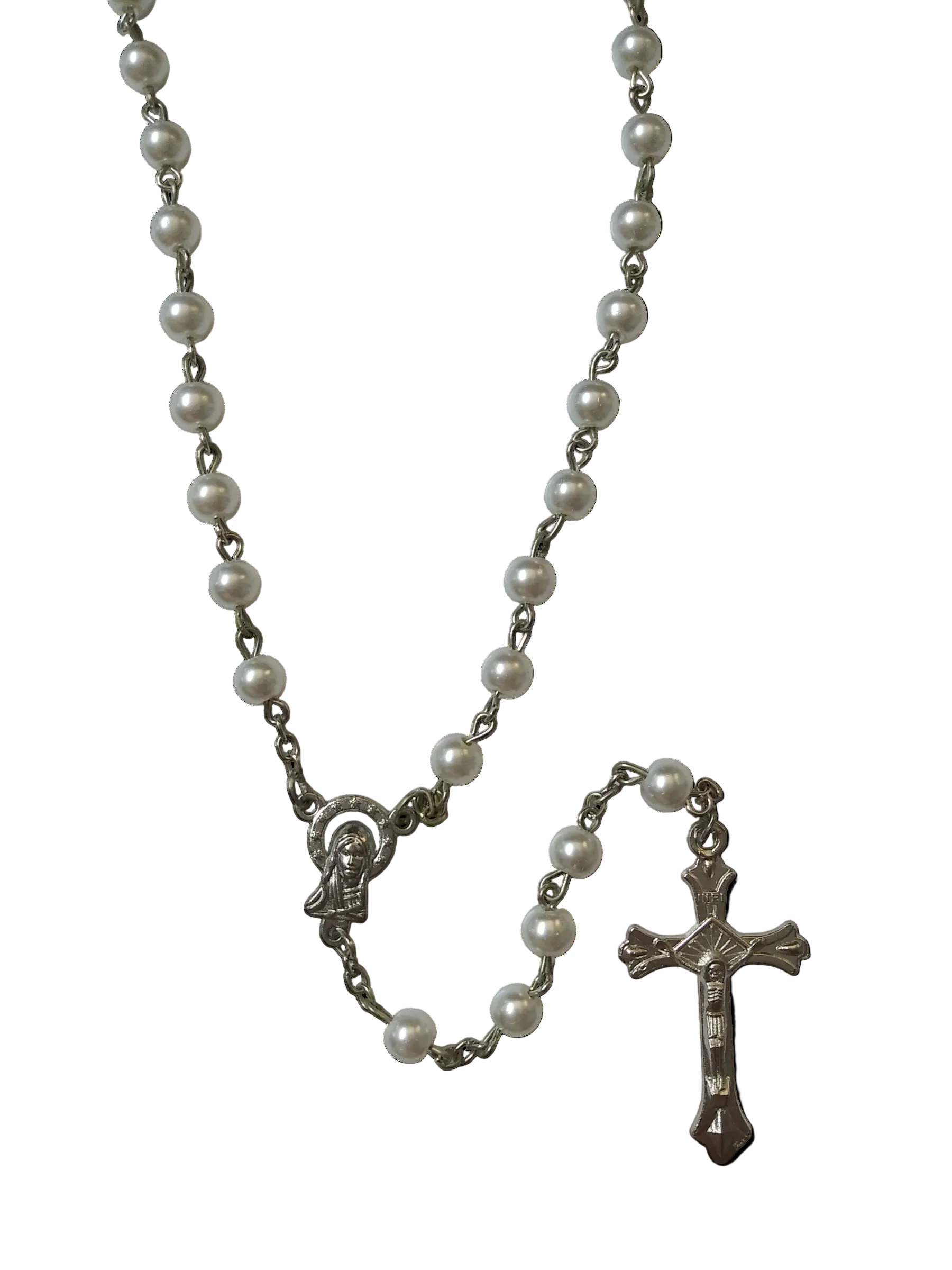 White Glass Clean Pearl Rosary Mother Mary