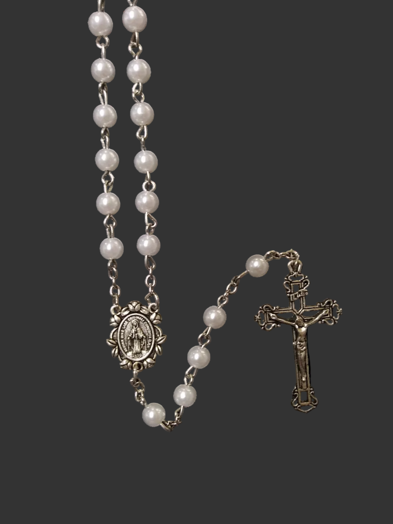 Miraculous Mary White Pearl Rosary