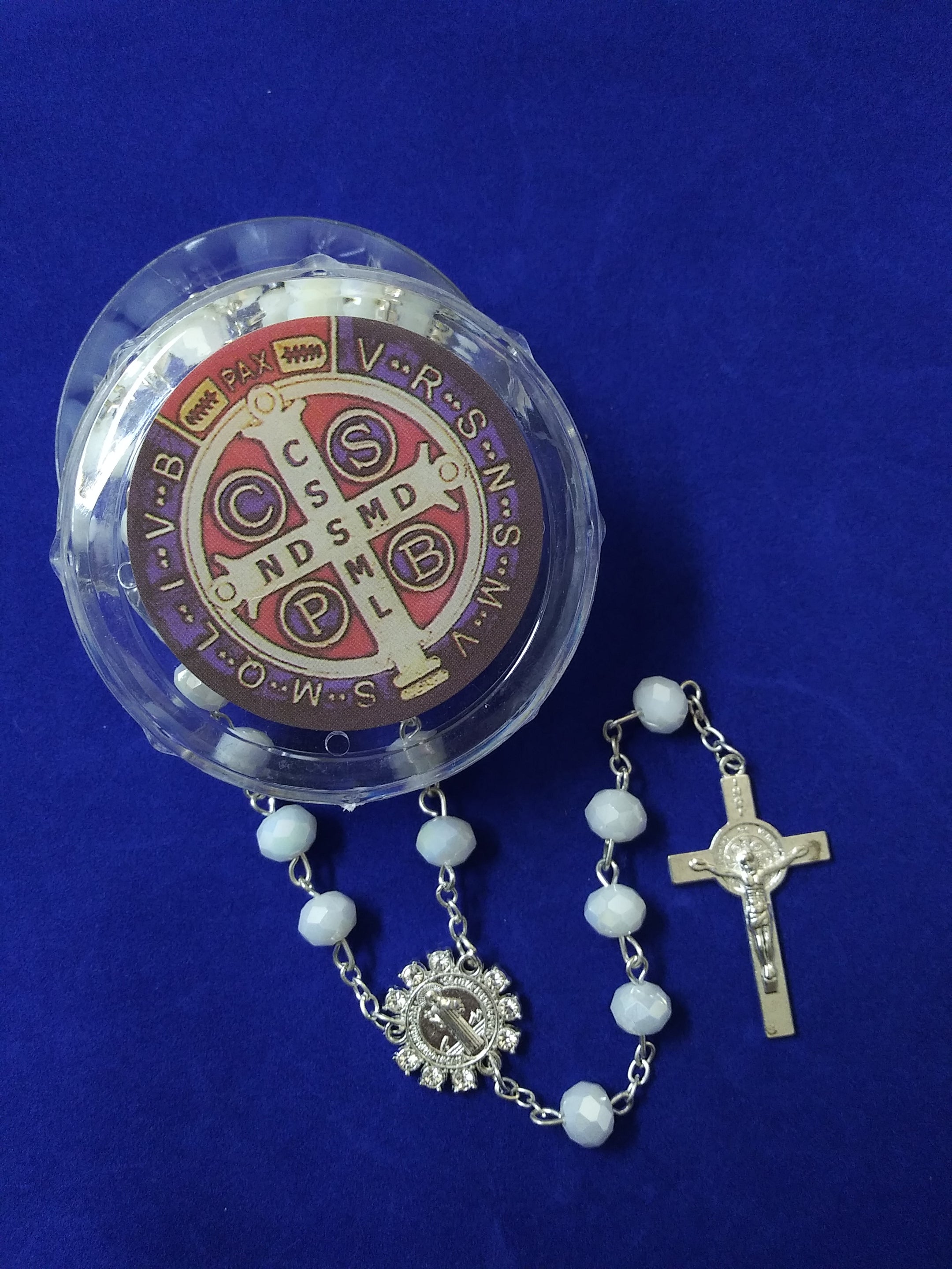 St. Benedict White Crystal Rosary