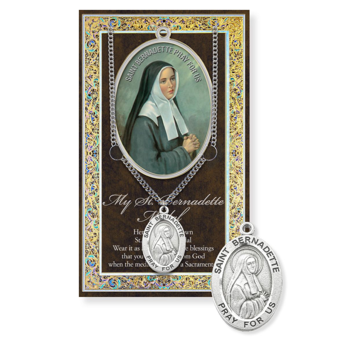 Saint Bernadette Genuine Pewter Medal on a 18" Chain with Biography and Picture Folder