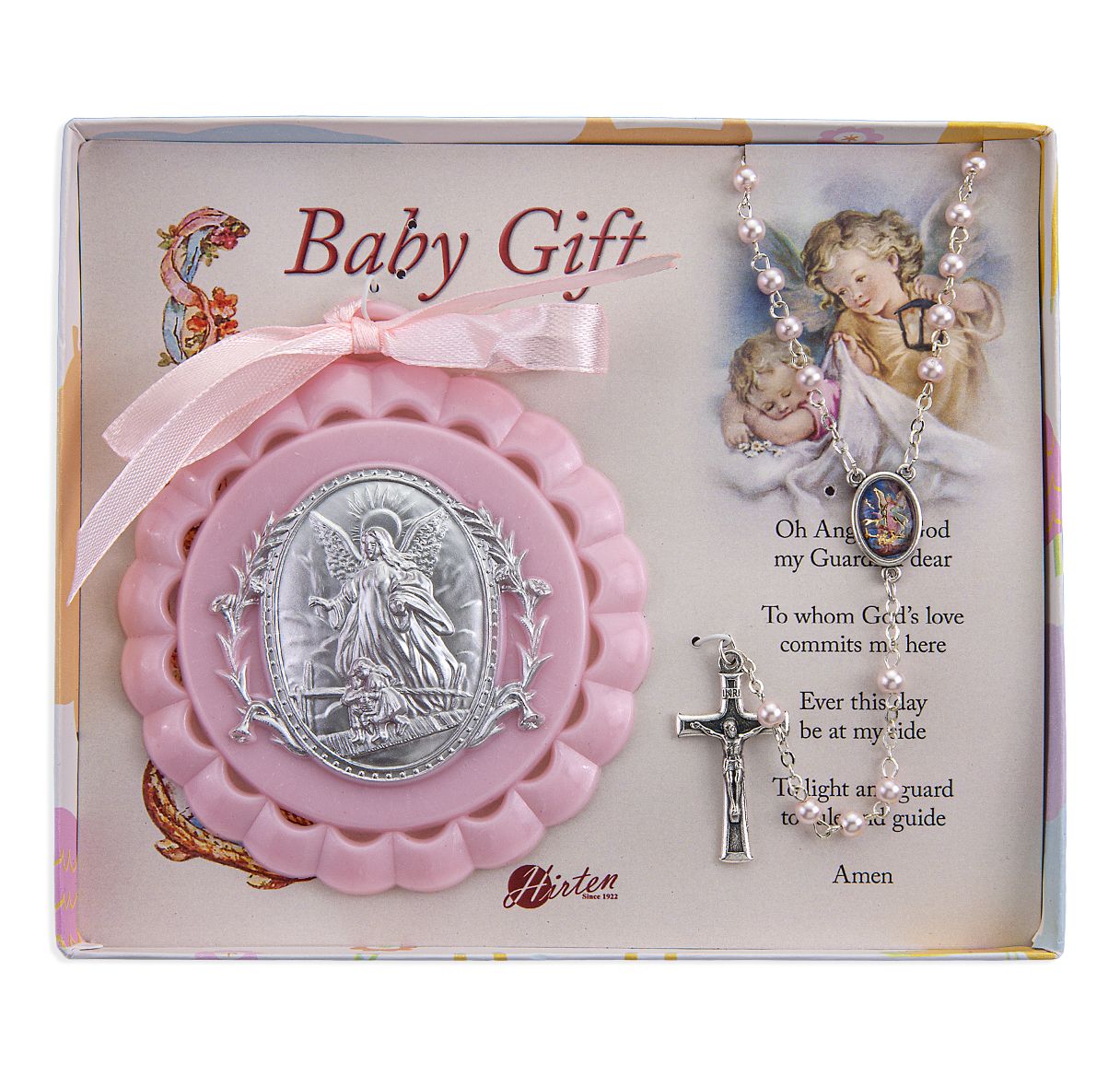 Pink Guardian Angel Crib Medal with Rosary