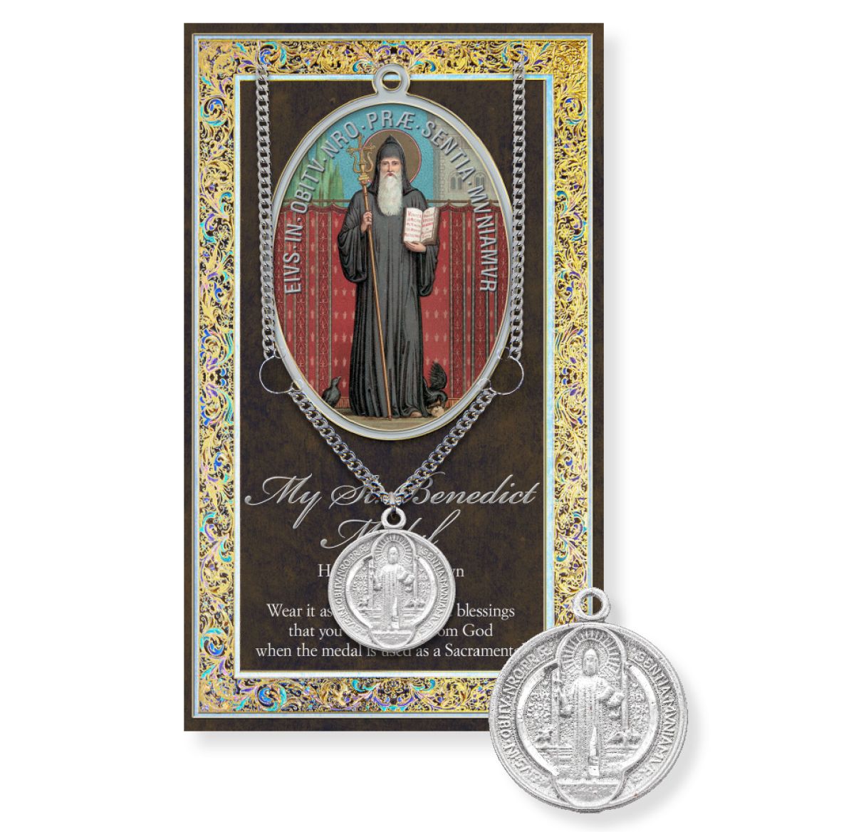 Saint Benedict Genuine Pewter Medal on a 24" Chain with Biography and Picture Folder