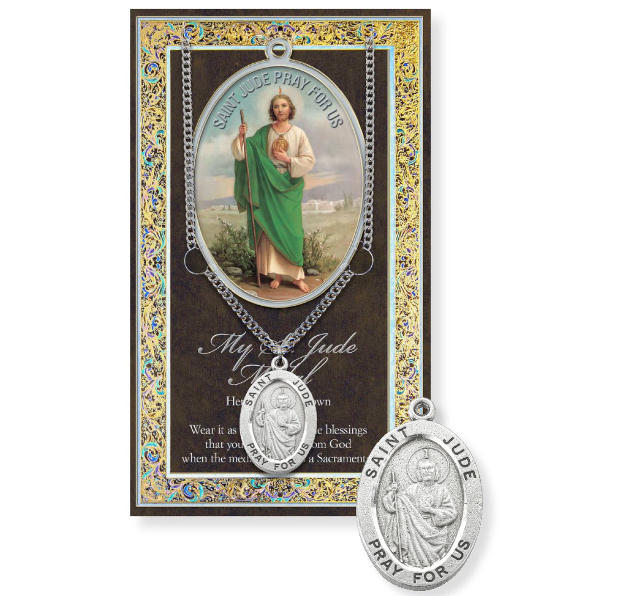 Saint Jude Genuine Pewter Medal on a 24" Chain with Biography and Picture Folder