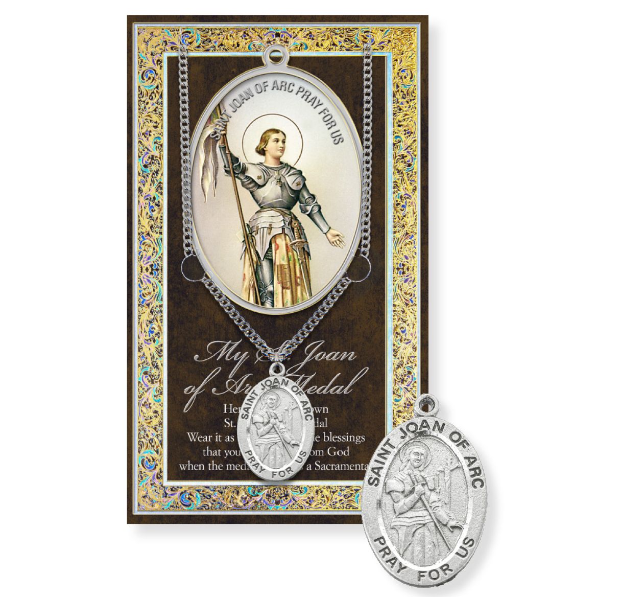 Saint Joan of Arc Genuine Pewter Medal on a 18" Chain with Biography and Picture Folder