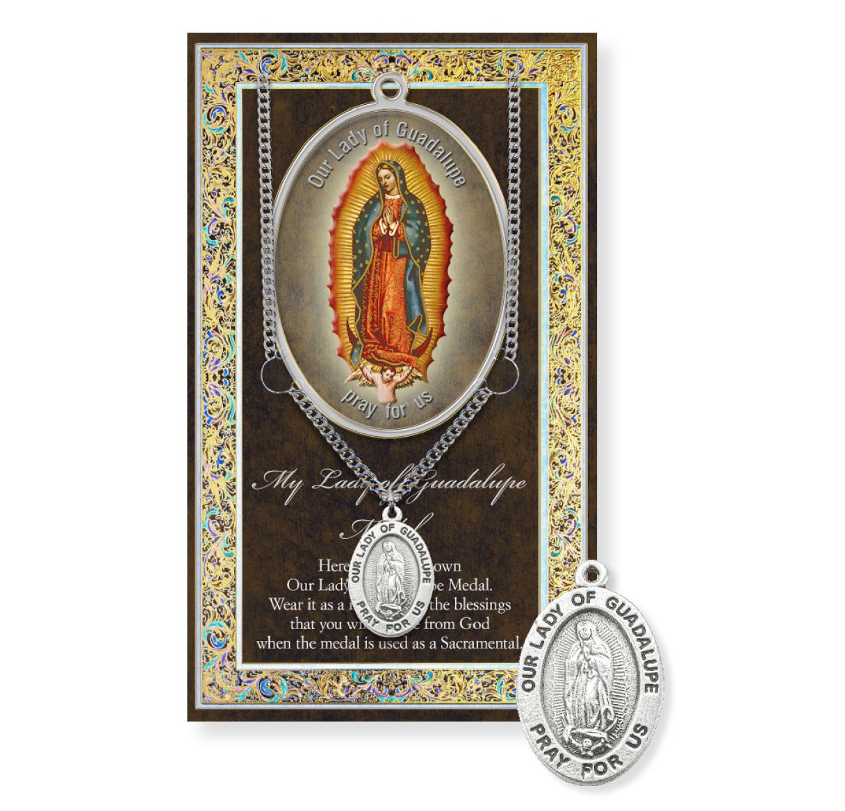 Our Lady of Guadalupe Genuine Pewter Medal on a 18" Chain with Biography and Picture Folder