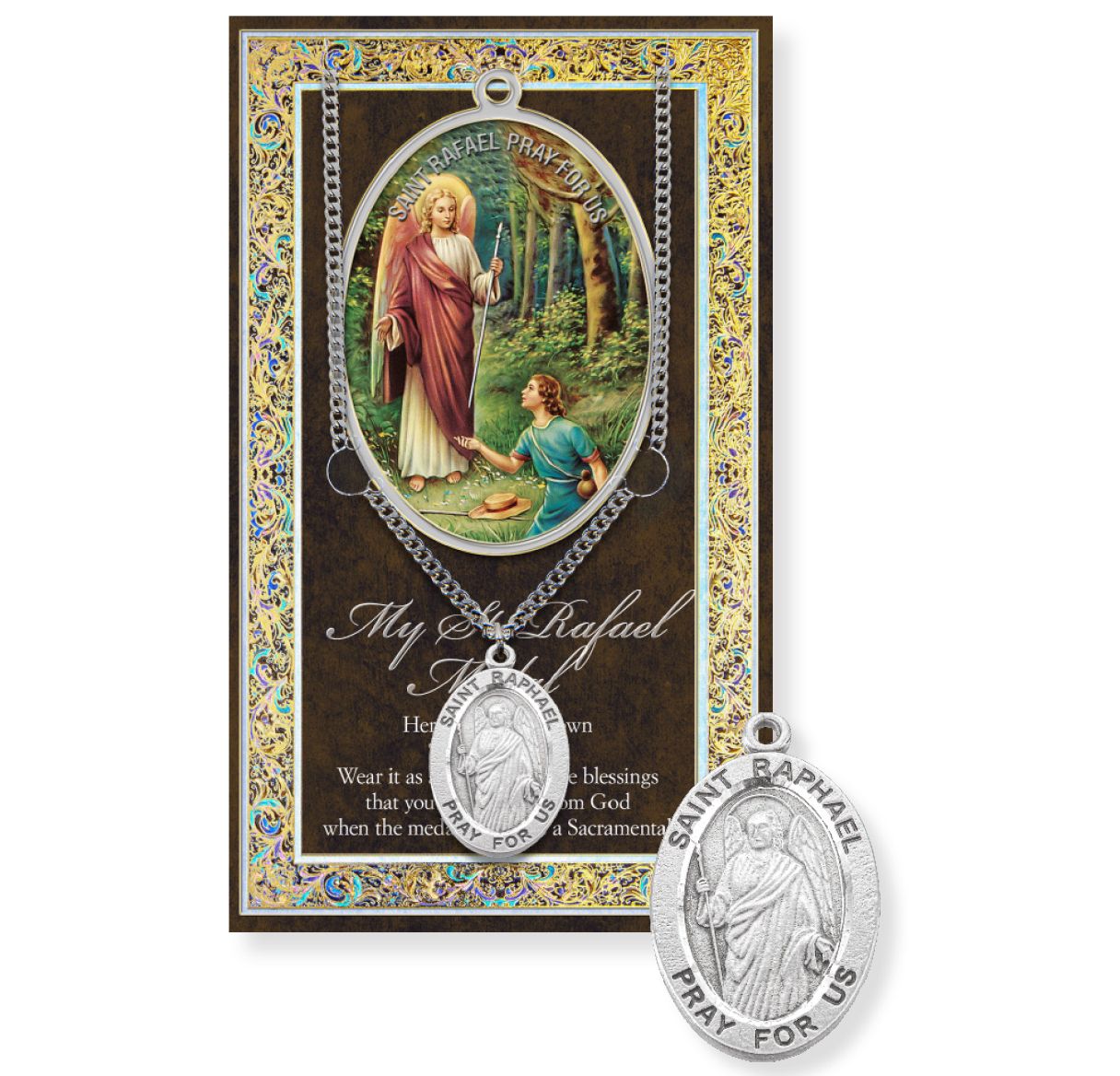 Saint Raphael Genuine Pewter Medal on a 24" Chain with Biography and Picture Folder