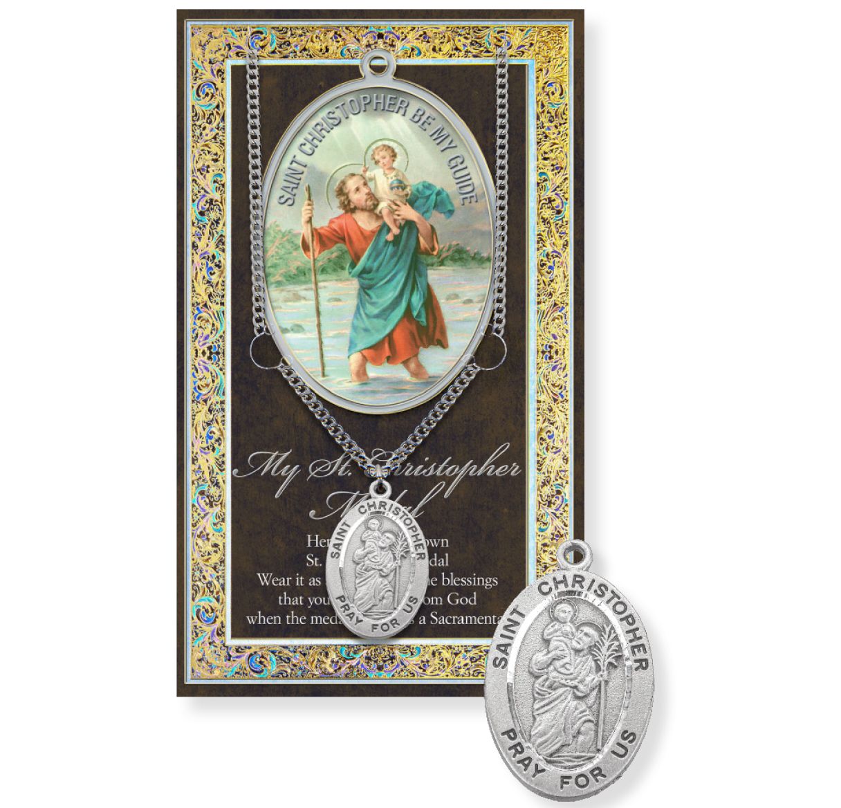 Saint Christopher Genuine Pewter Medal on a 24" Chain with Biography and Picture Folder