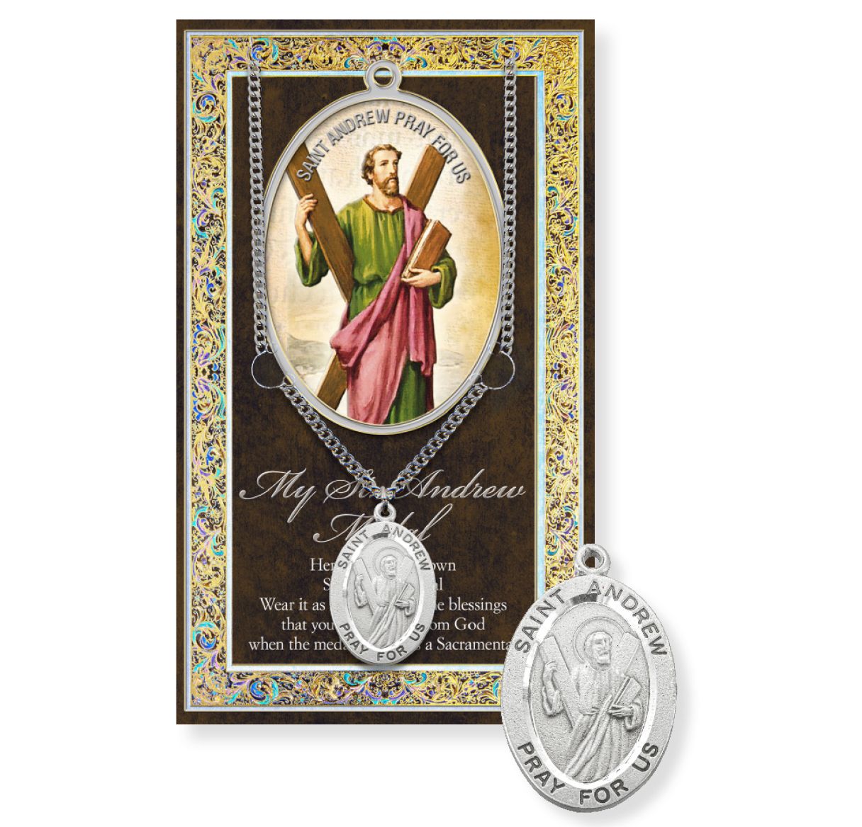 Saint Andrew Genuine Pewter Medal on a 24" Chain with Biography and Picture Folder