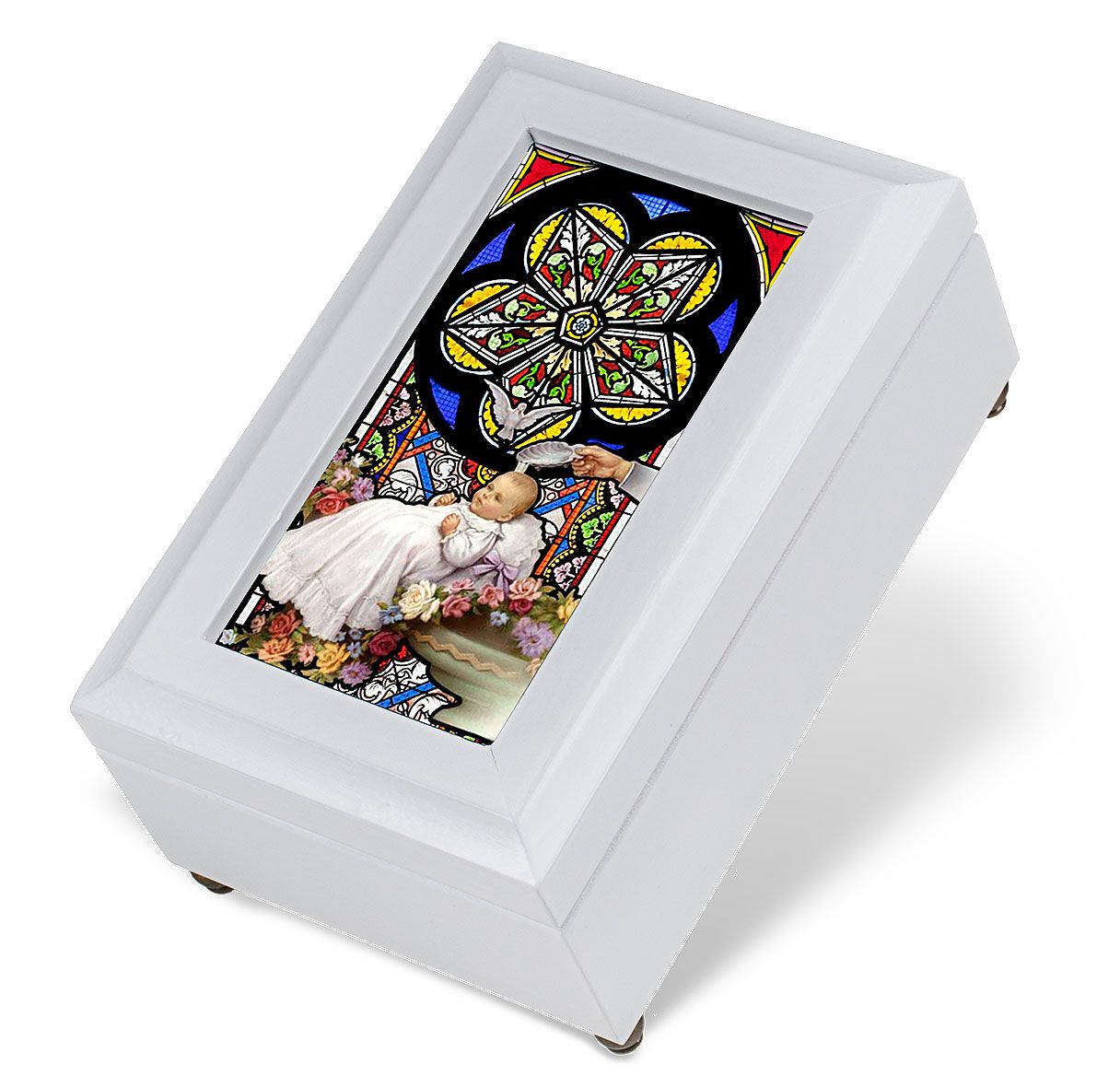White Baptism Stained Glass Music Box