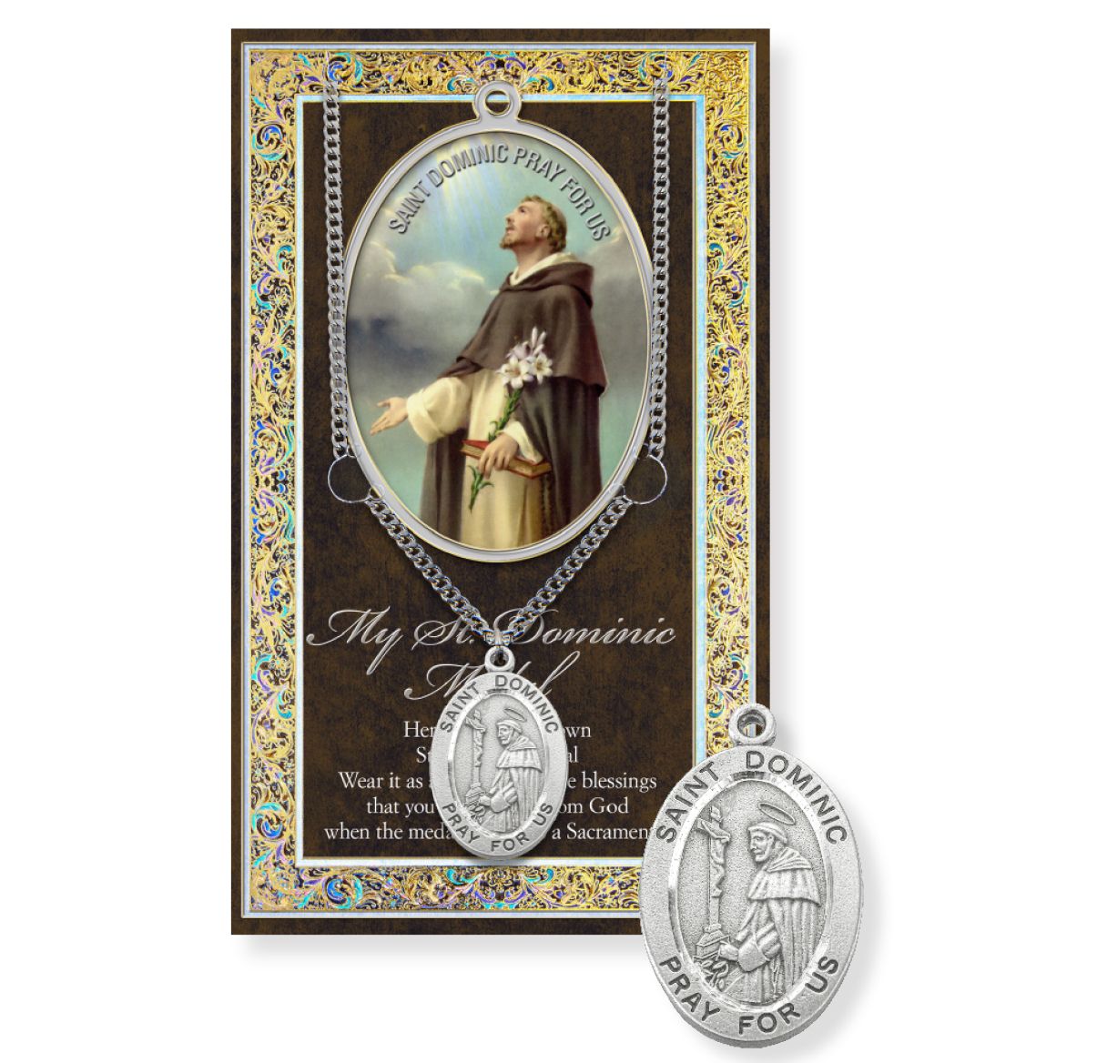 Saint Dominic Genuine Pewter Medal on a 24" Chain with Biography and Picture Folder