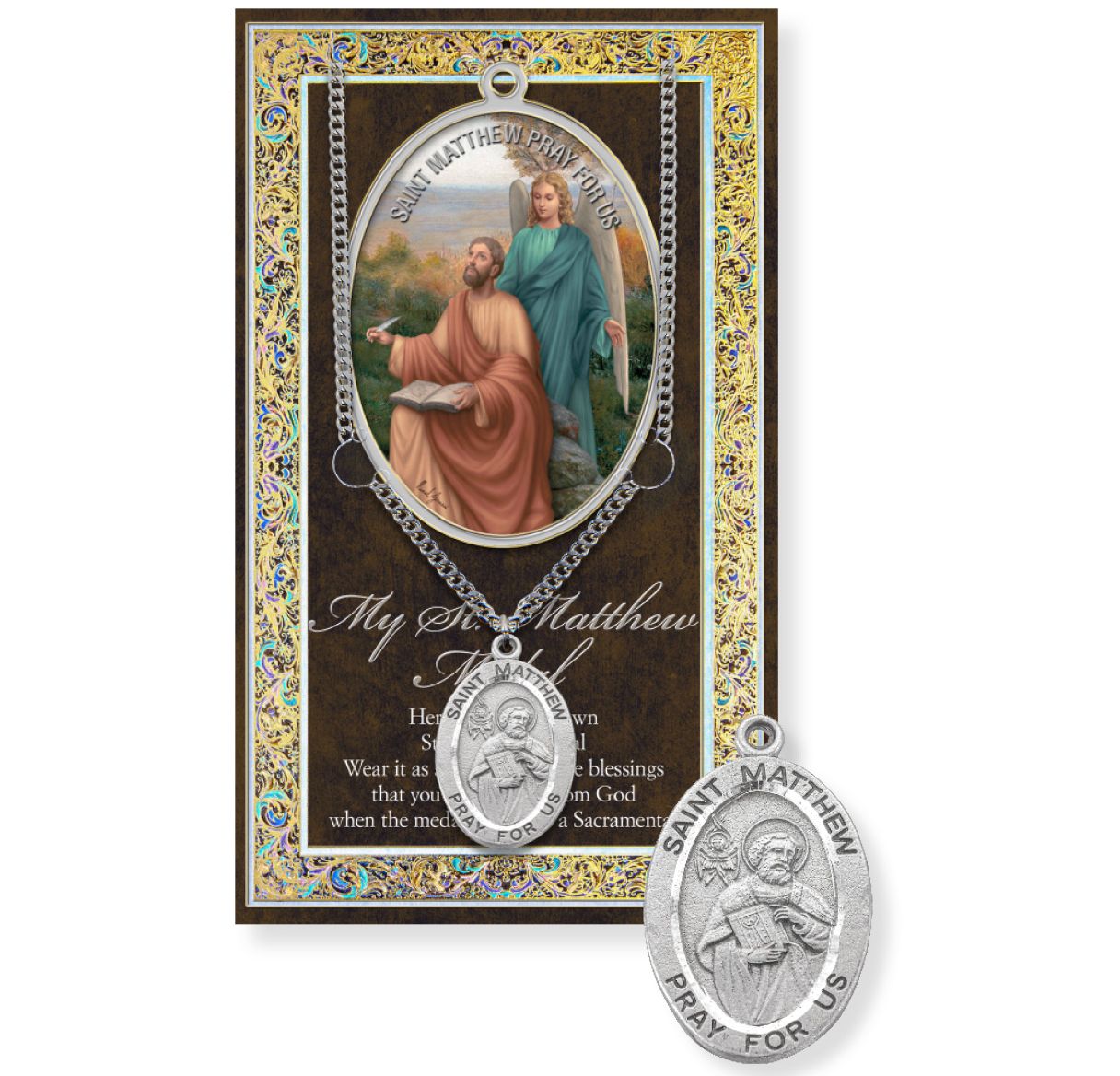 Saint Matthew Genuine Pewter Medal on a 24" Chain with Biography and Picture Folder
