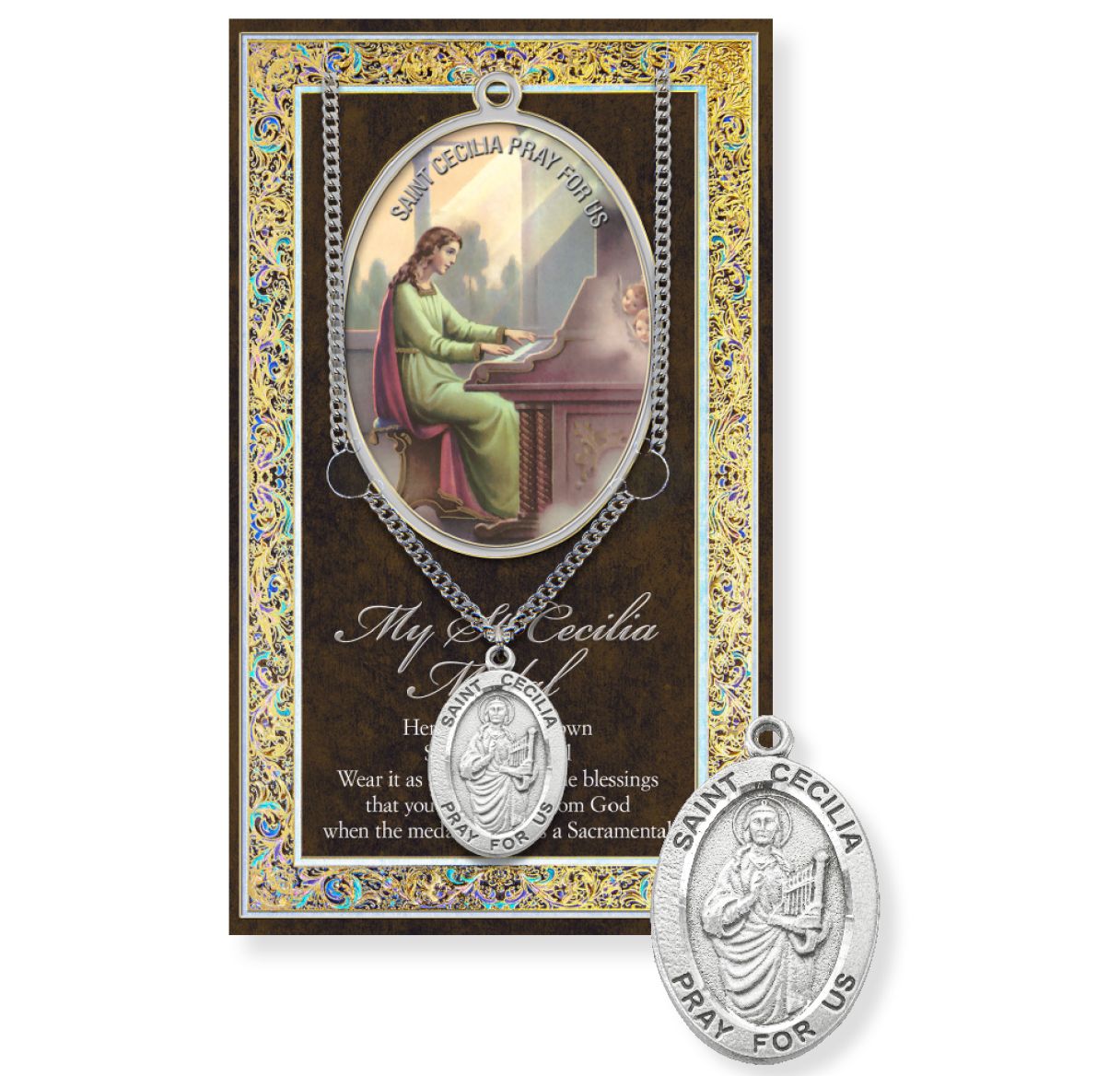 Saint Cecilia Genuine Pewter Medal on a 18" Chain with Biography and Picture Folder