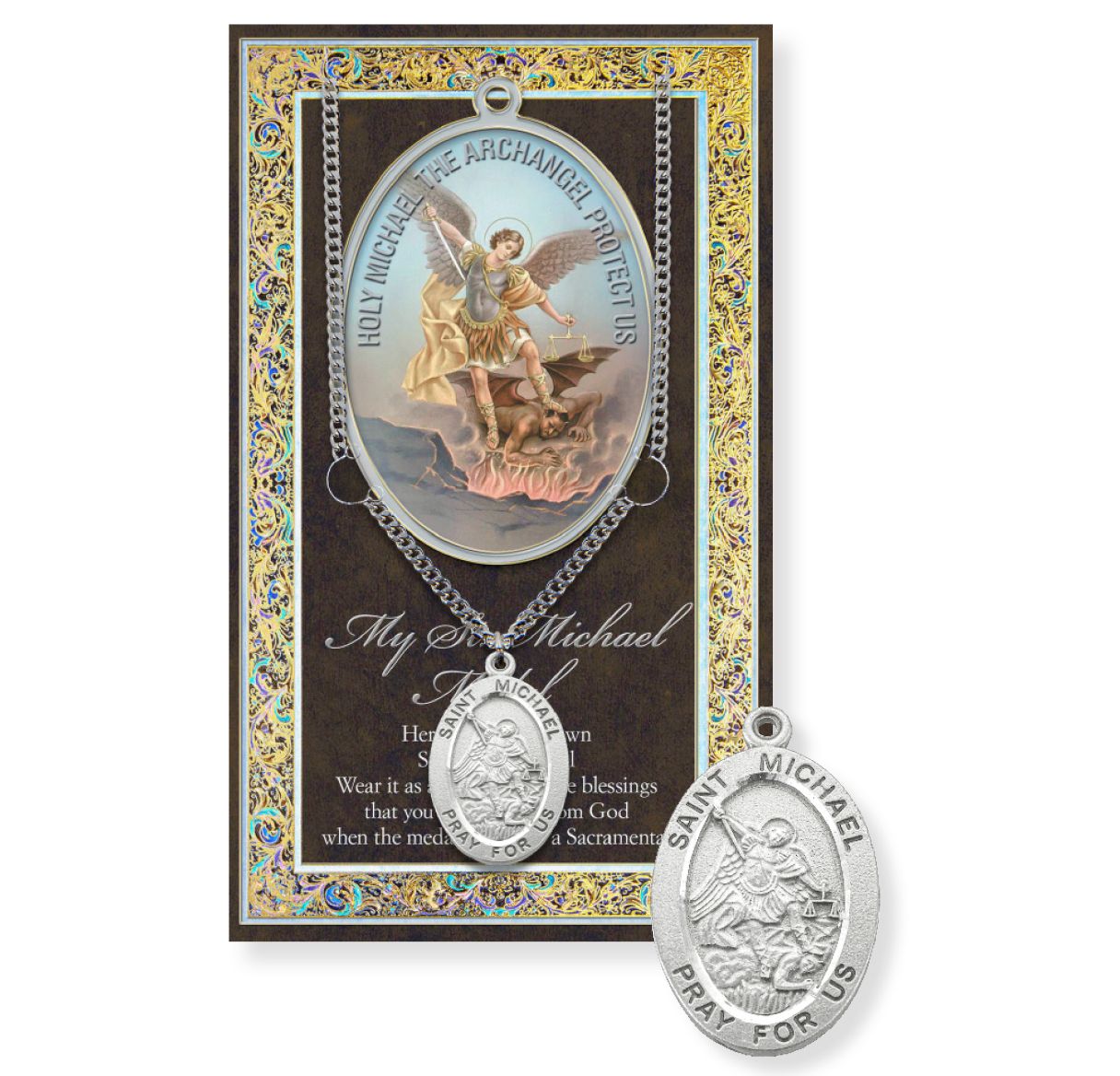 Saint Michael Genuine Pewter Medal on a 24" Chain with Biography and Picture Folder