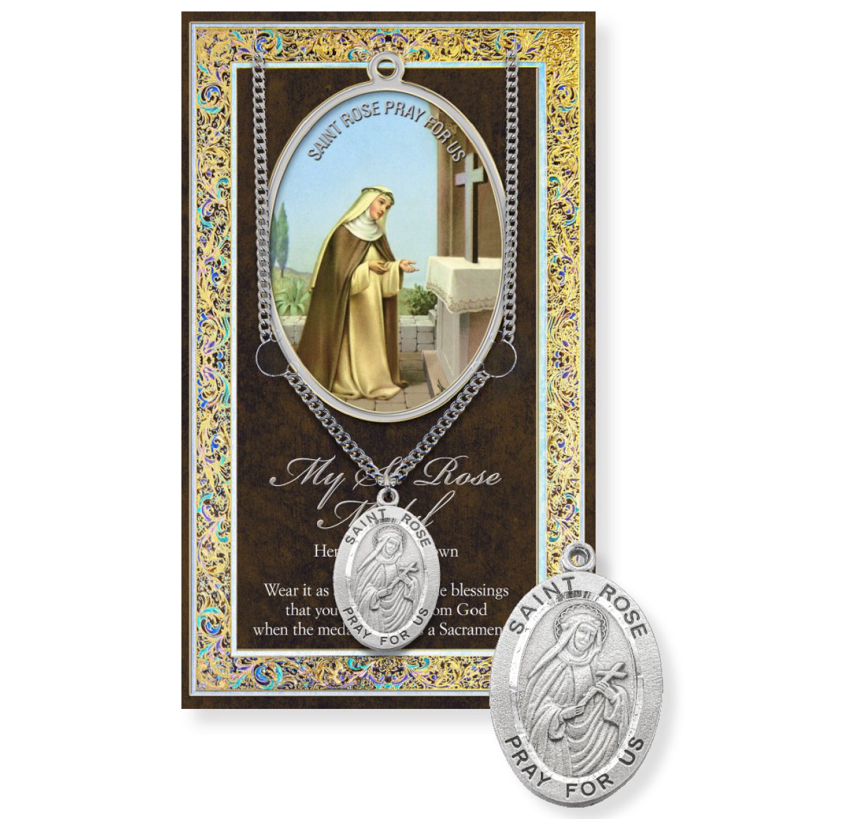 Saint Rose Genuine Pewter Medal on a 18" Chain with Biography and Picture Folder