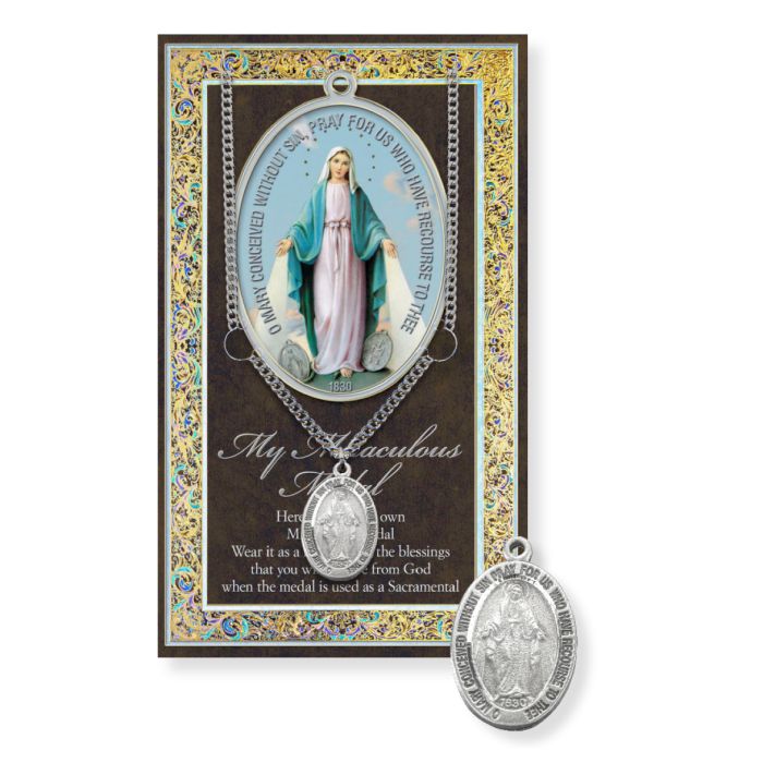 Miraculous Medal - Genuine Pewter Medal on a 18" Chain with Biography and Picture Folder