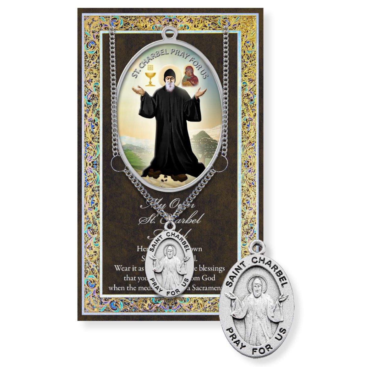 Genuine Pewter St. Charbel Medal on a 24" Stainless Steel Chain with a Gold Embossed Pamphlet