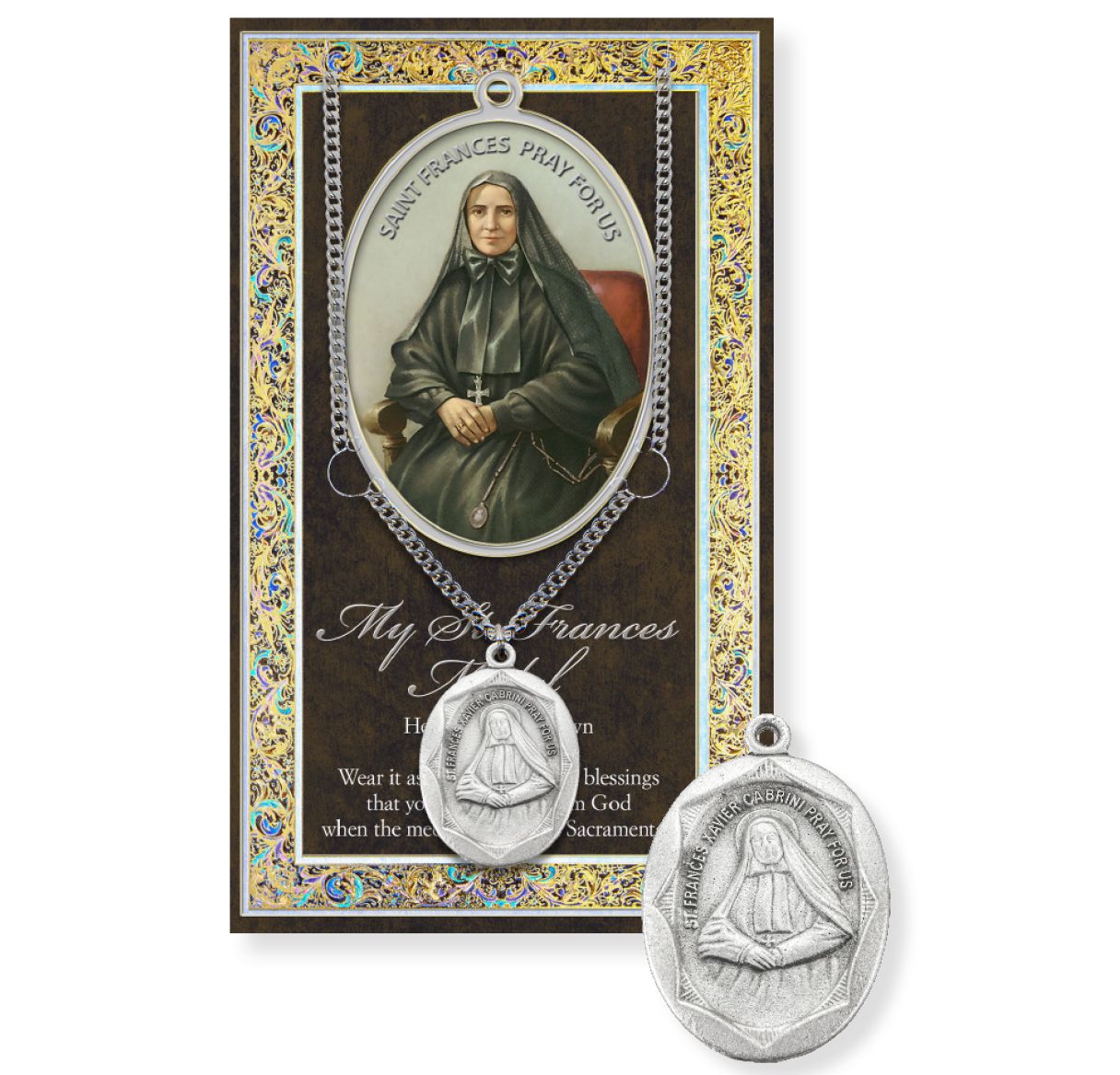 Genuine Pewter St. Frances Cabrini Medal on an 18" Stainless Steel Chain with a Silver Embossed Pamphlet