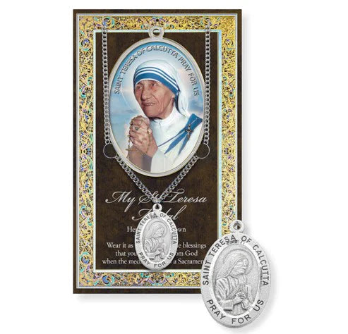 Saint Teresa Of Calcutta Genuine Pewter Medal on a 18" Chain with Biography and Picture Folder