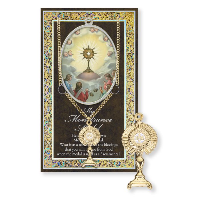 Gold Plated Pewter Monstrance Medal on 24" Chain with Biography and Picture Folder