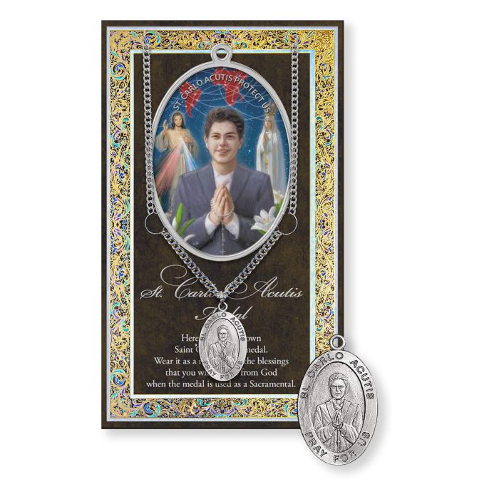 Saint Carlo Acutis Genuine Pewter Medal on a 24" Chain with Biography and Picture Folder