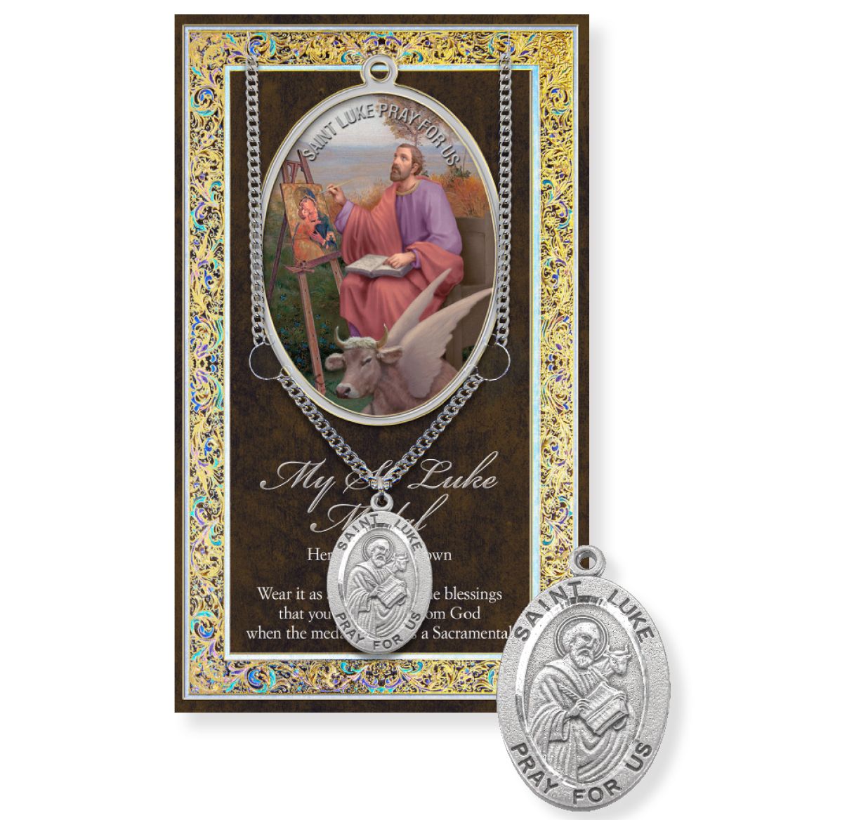 Saint Luke Genuine Pewter Medal on a 24" Chain with Biography and Picture Folder