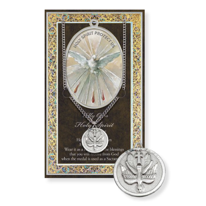 Holy Spirit Genuine Pewter Medal on a 24 Chain with Biography and Picture Folder