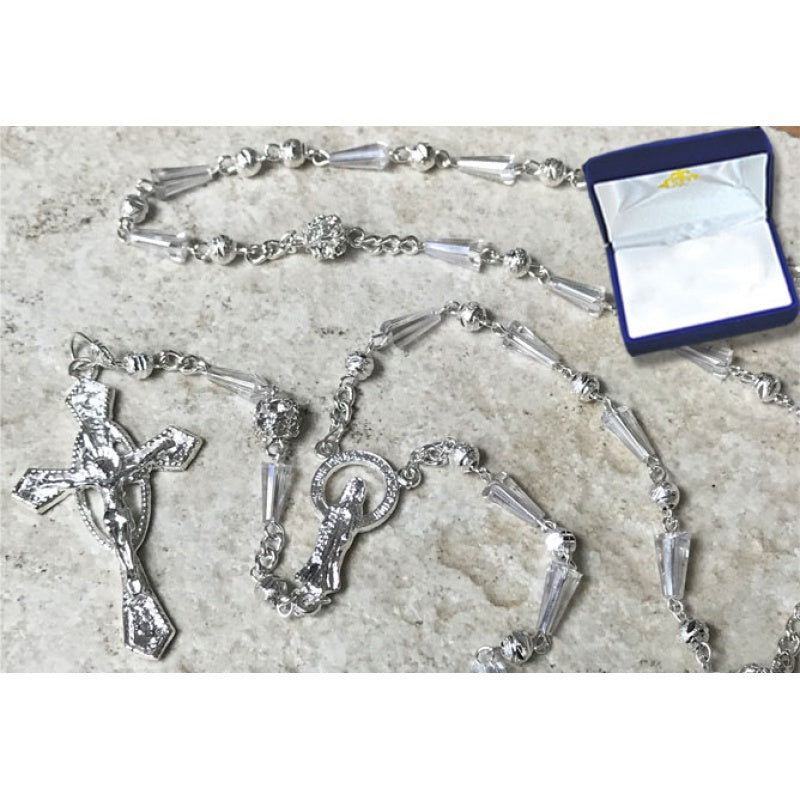 Silver Rosary With Clear Beads
