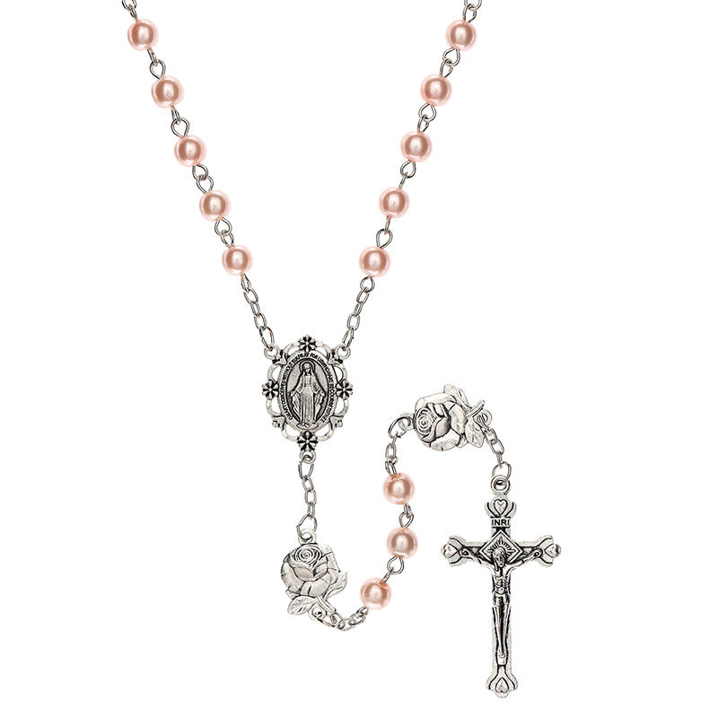 Our Lady of the Miraculous Rose Pink Pearl Rosary