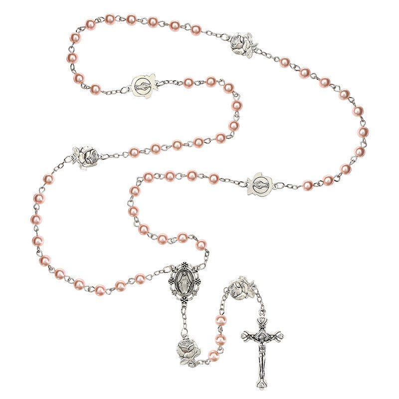 Our Lady of the Miraculous Rose Pink Pearl Rosary