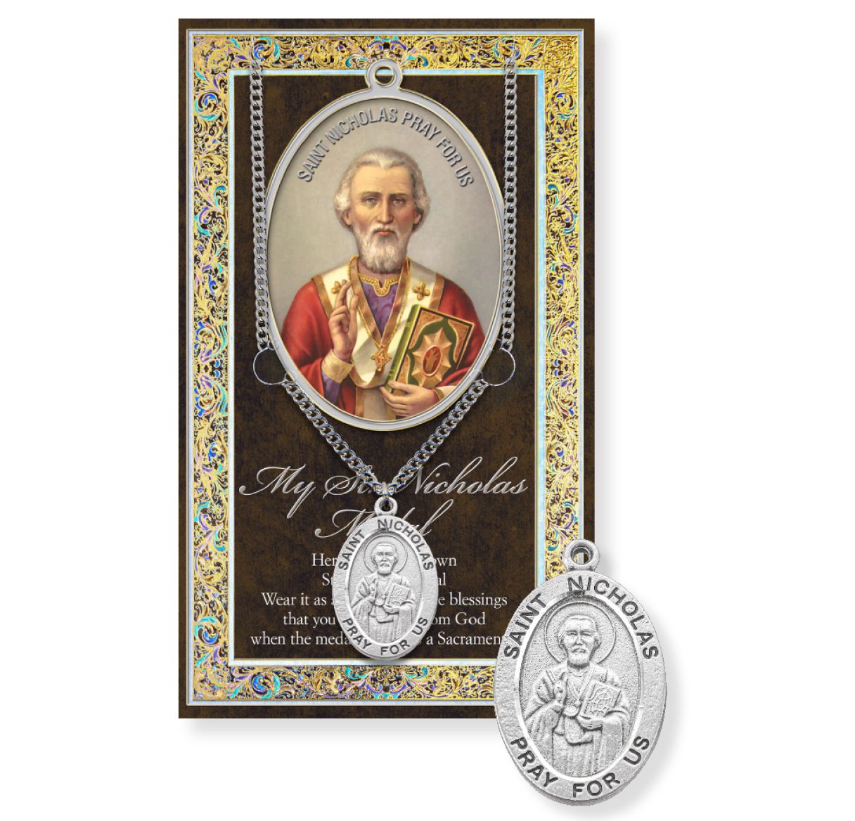 Saint Nicholas Genuine Pewter Medal on a 24" Chain with Biography and Picture Folder