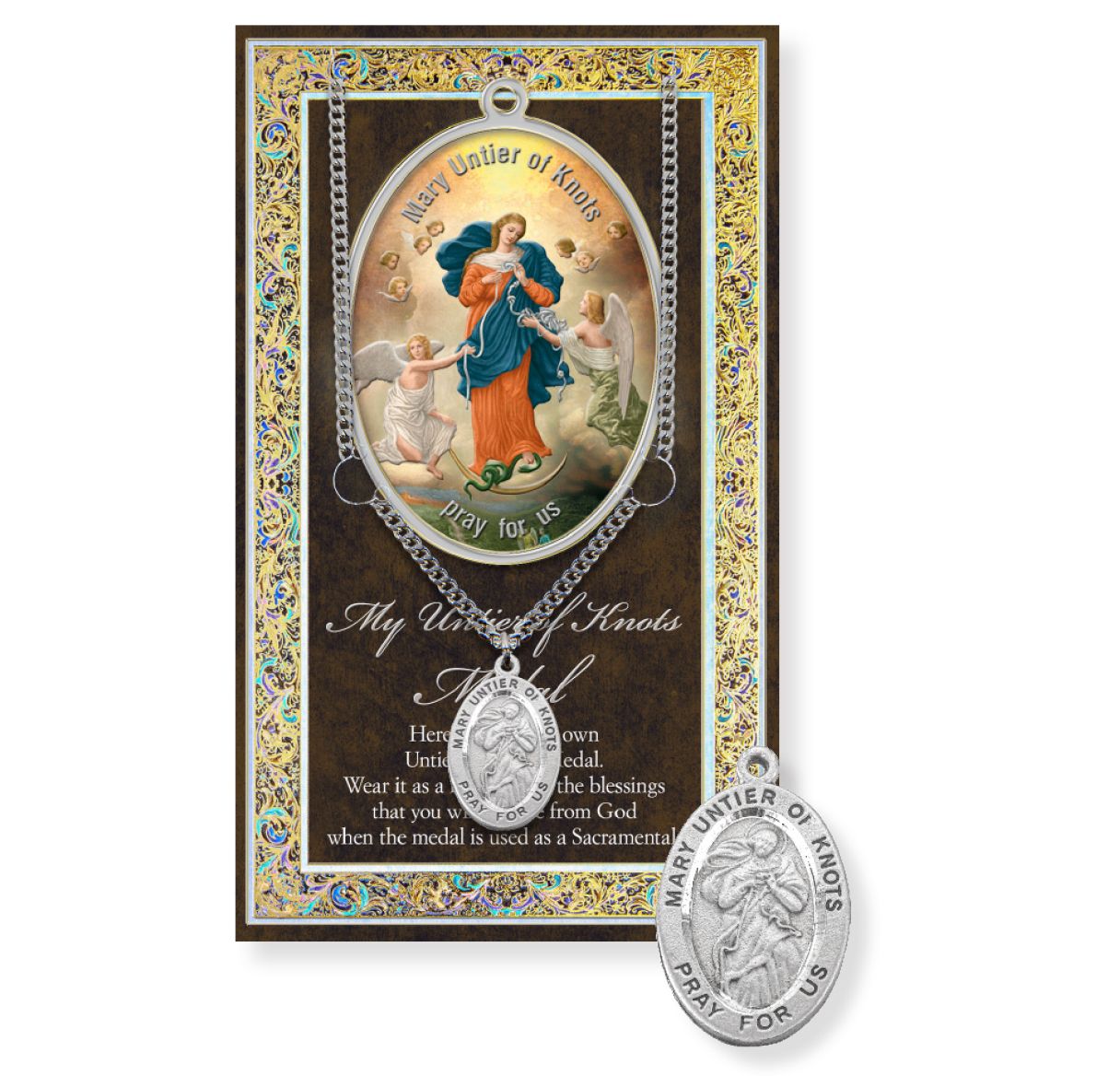 Our Lady Untier of Knots Genuine Pewter Medal on a 18" Chain with Biography and Picture Folder
