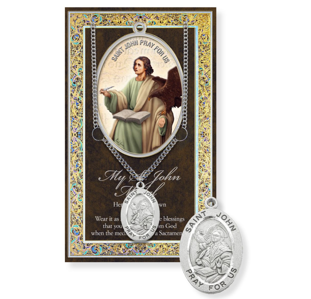 Saint John Genuine Pewter Medal on a 24" Chain with Biography and Picture Folder