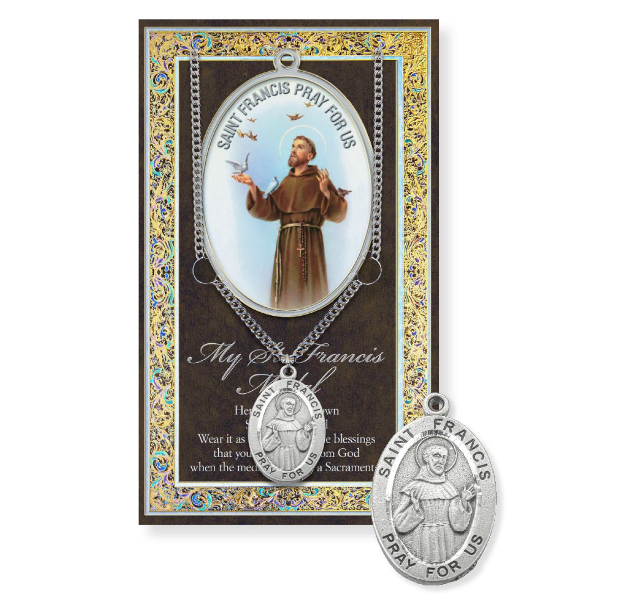 Saint Francis Genuine Pewter Medal on a 24" Chain with Biography and Picture Folder