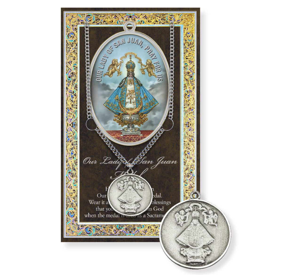 Our Lady of San Juan Genuine Pewter Medal on a 18" Chain with Biography and Picture Folder
