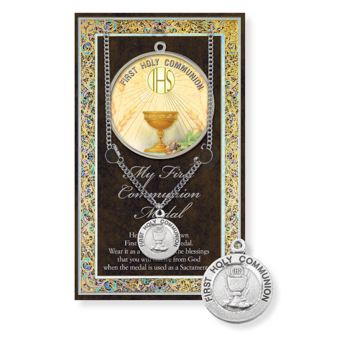 First Communion Genuine Pewter Medal on a 18" Chain with Biography and Picture Folder