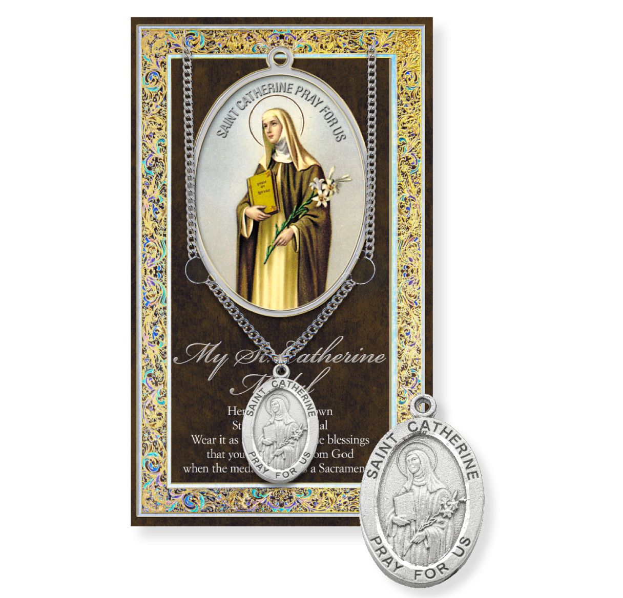 Saint Catherine Genuine Pewter Medal on a 18" Chain with Biography and Picture Folder