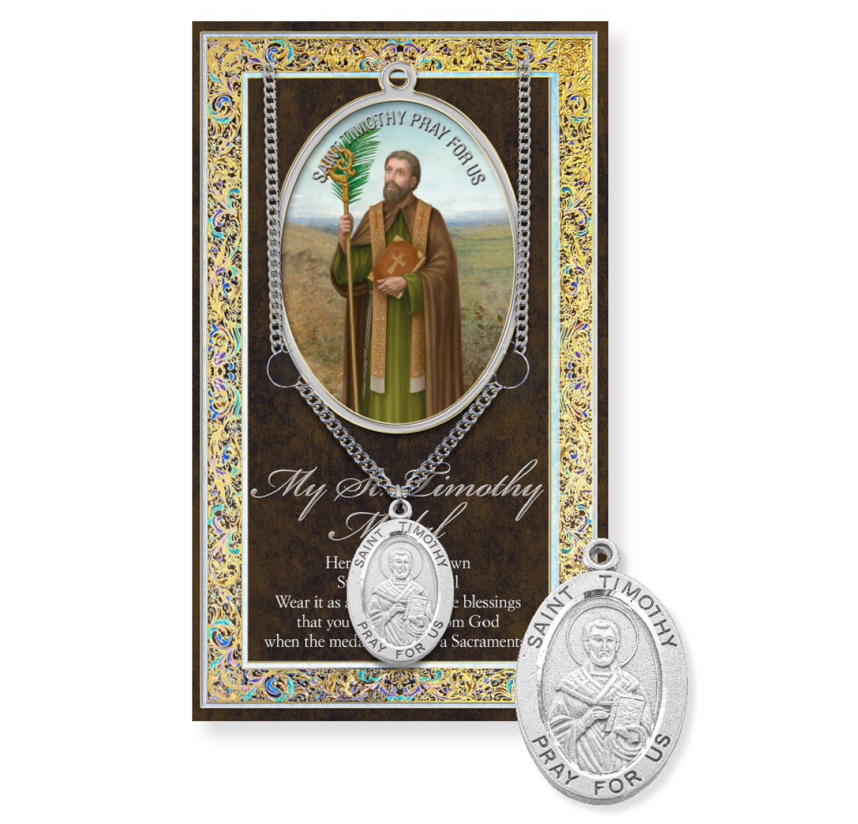 Saint Timothy Genuine Pewter Medal on a 24" Chain with Biography and Picture Folder