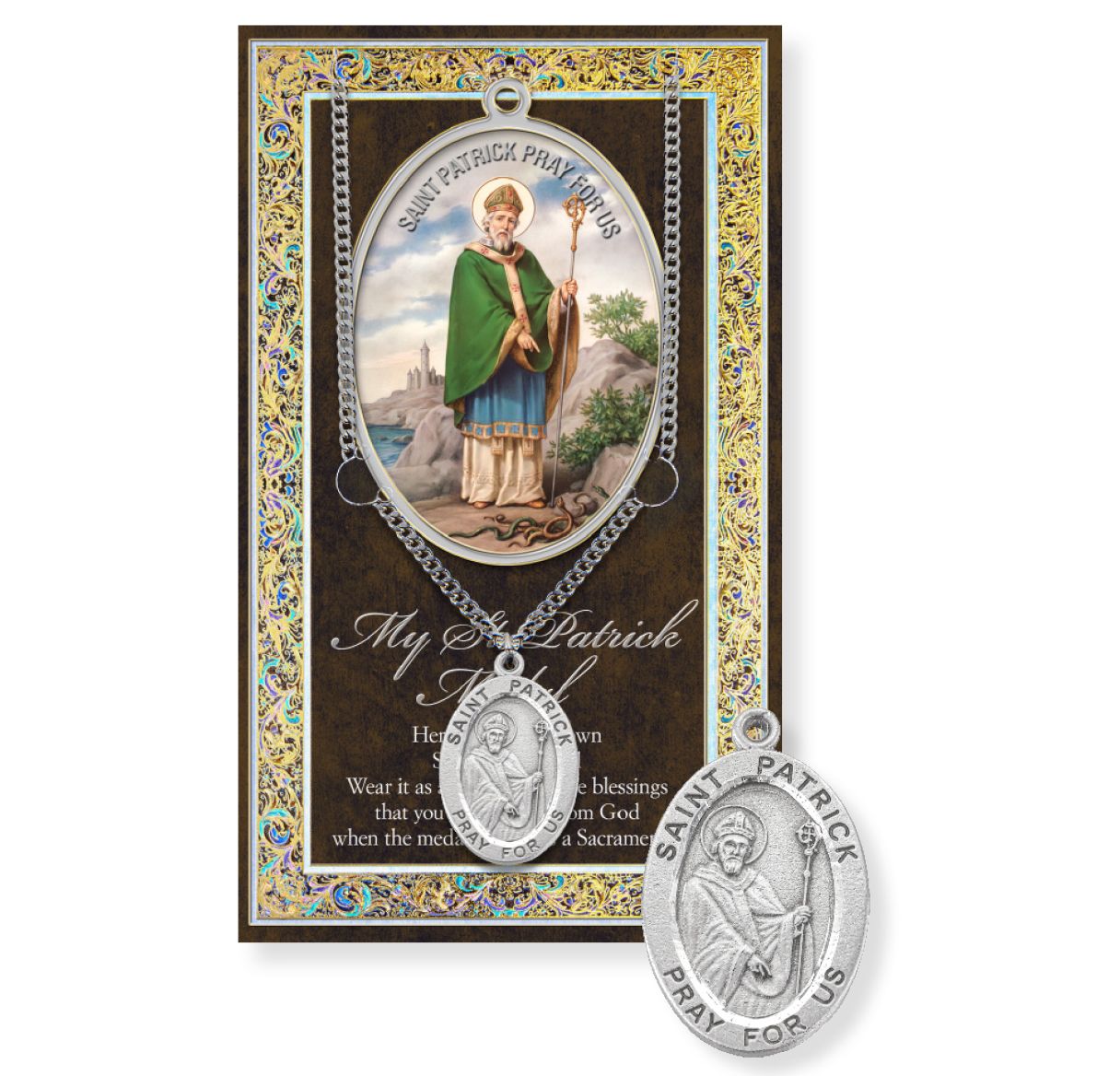 Saint Patrick Genuine Pewter Medal on a 24" Chain with Biography and Picture Folder