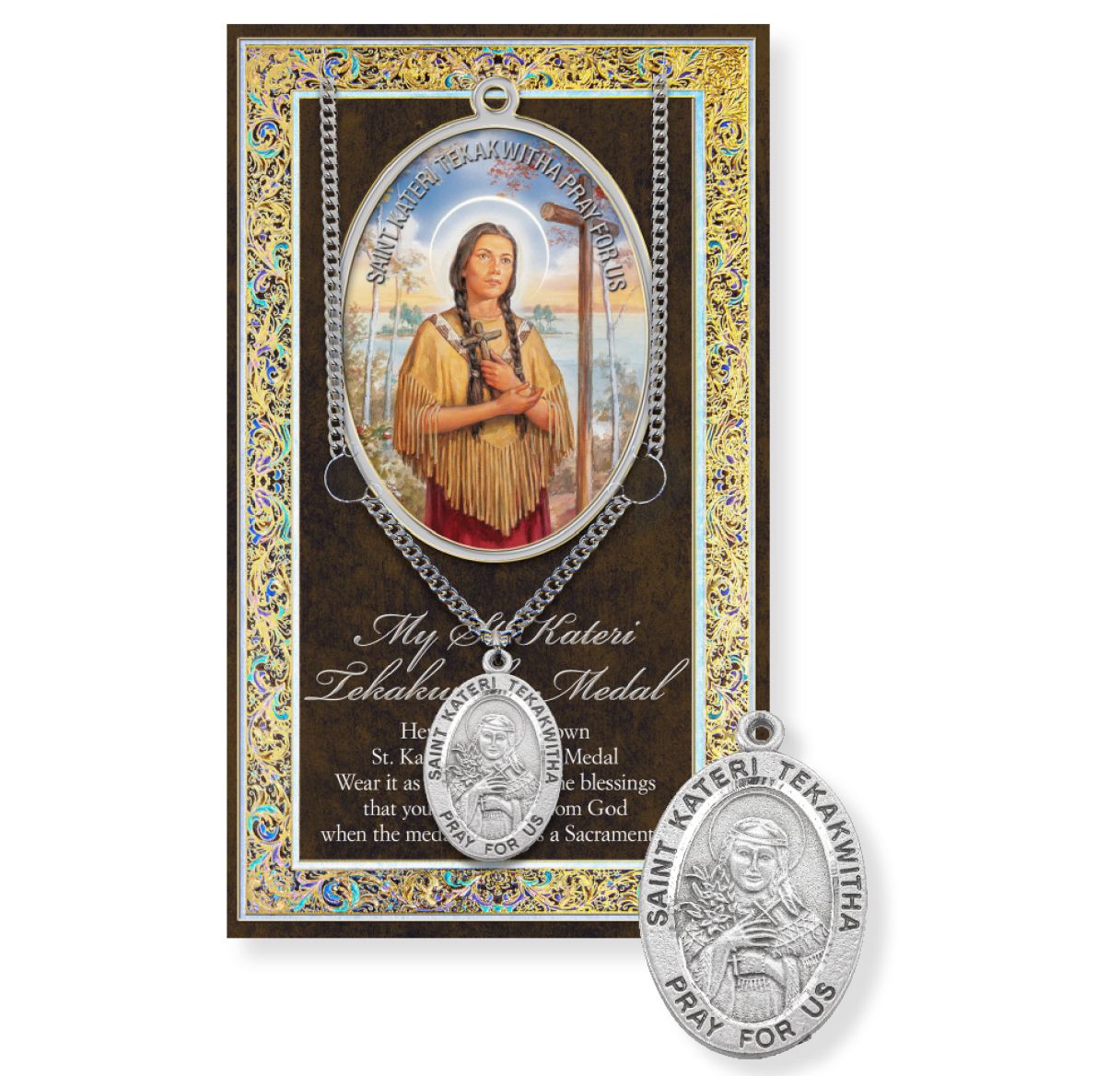 Saint Kateri Tekakwitha Genuine Pewter Medal on a 18" Chain with Biography and Picture Folder